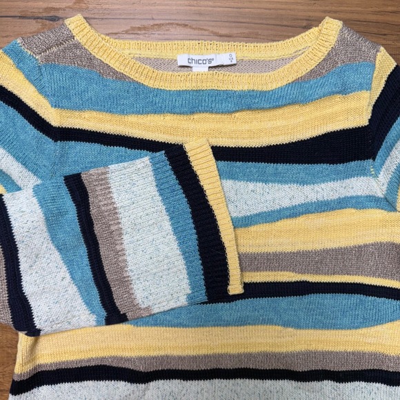 Chico's Sweaters - Chico's Striped Pullover Sweater 0 Small Aquatic Teal Bell Sleeve Yellow Black